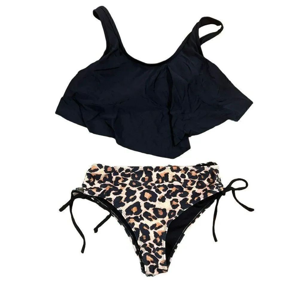 Womens Black Top and Cheetah Print High Waisted Bottoms